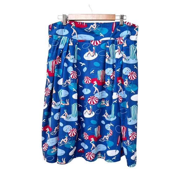 Emily & Fin Women’s A-Line Cotten Skirt XXL UK18 Pockets Retro Beach Print Blue - Picture 2 of 8